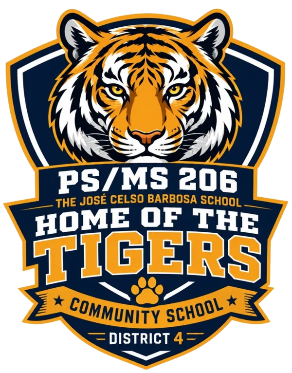 PS/MS 206 crest: a tiger above the words Home of the Tigers, Community School, District 4